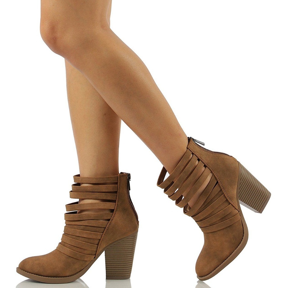 New!Soda Kelly Cut Out Strappy Stacked Ankle Boots